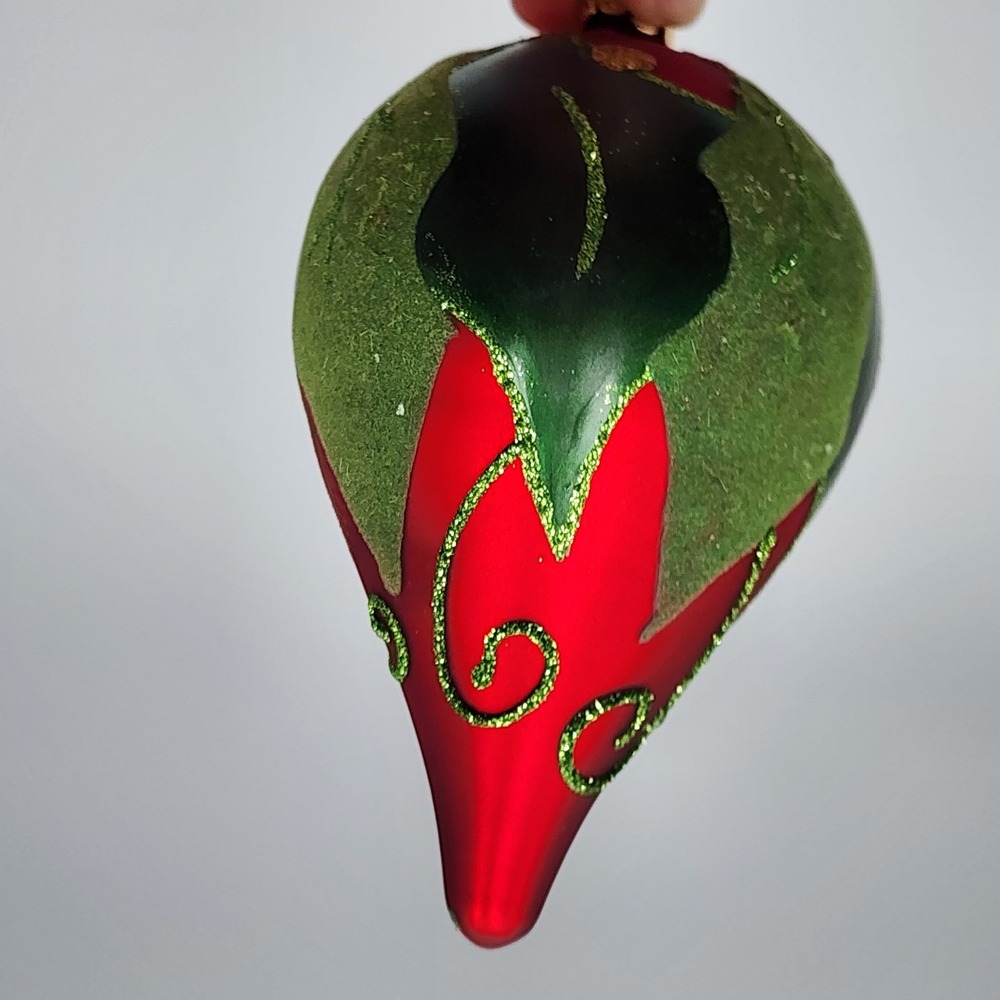 Vintage Hand Painted Teardrop Glass Ornament Red Textured with Holly Leaves Cute - Picture 5 of 6